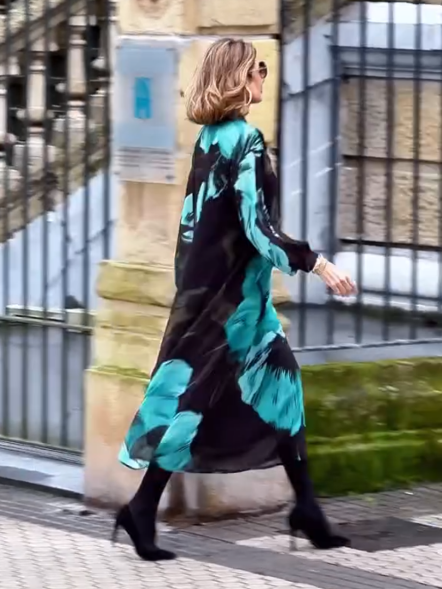 Stand-up Collar Printed Midi Dress