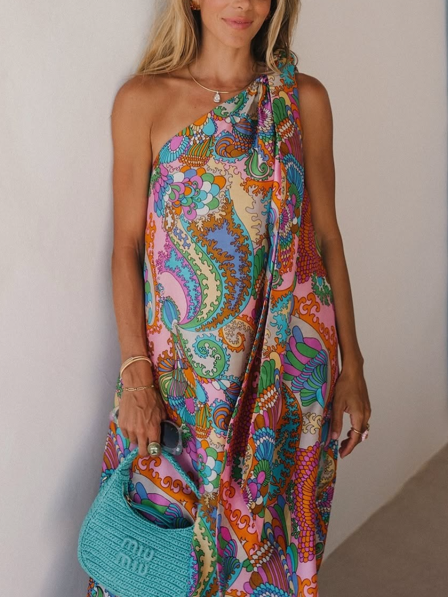 Rainbow Breeze Satin Unique Print Bow One Shoulder Maxi Dress