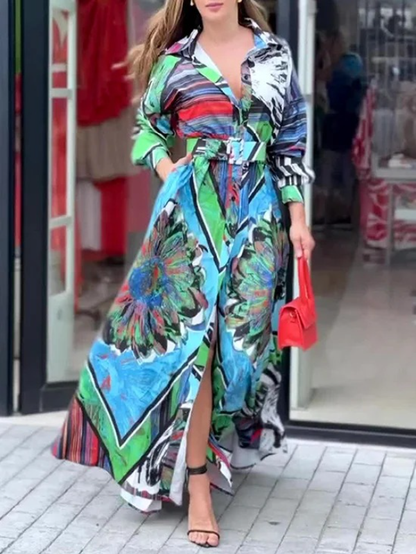 Loose A-line Abstract Print Shirt Collar Maxi Dress