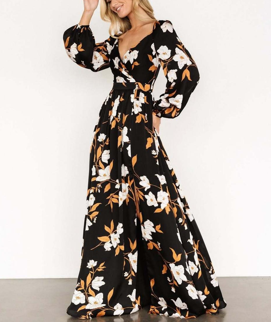 Chic Floral Print Long Sleeve V-Neck Maxi Dress