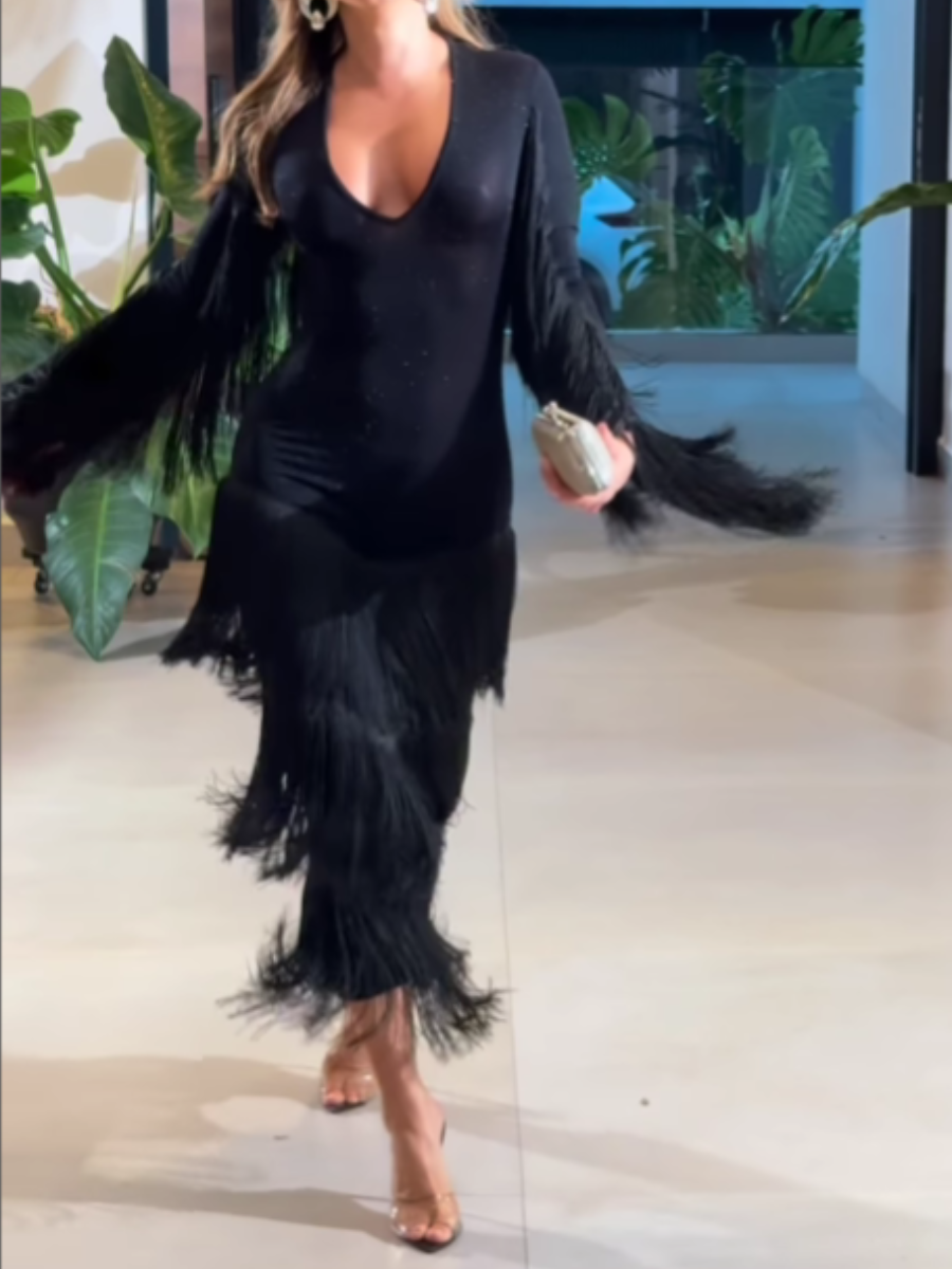 Black Shimmering Tassel Midi Dress