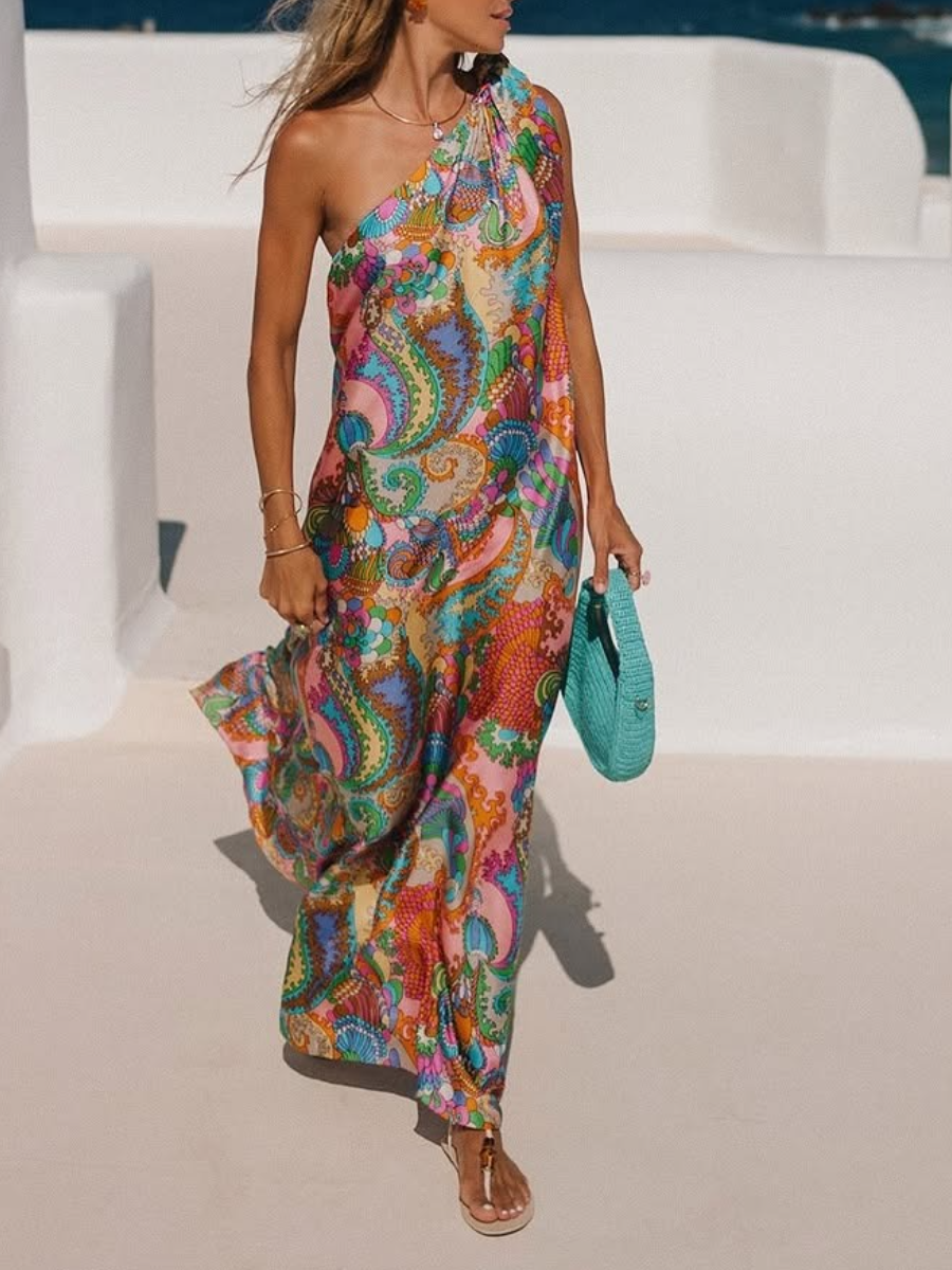 Rainbow Breeze Satin Unique Print Bow One Shoulder Maxi Dress