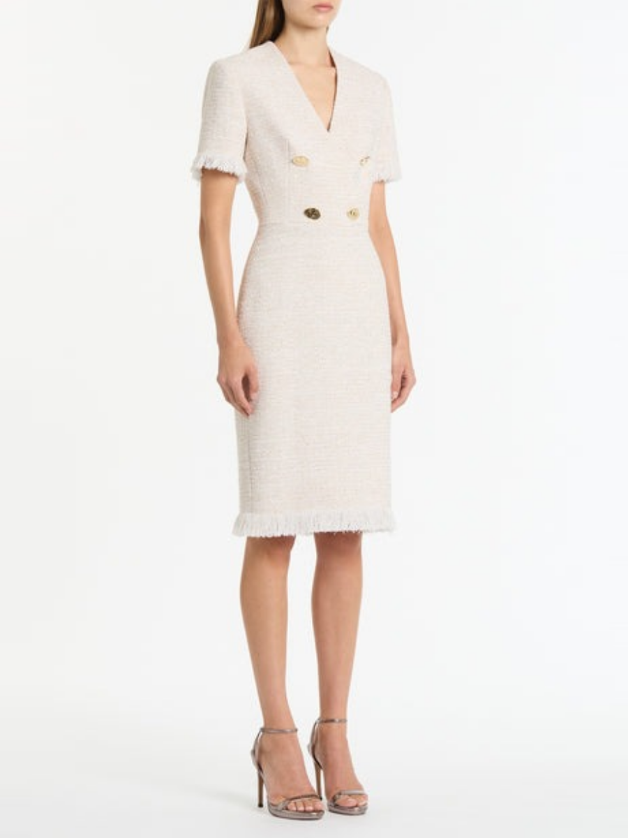Ivory Elegant Fringe Tweed Dress