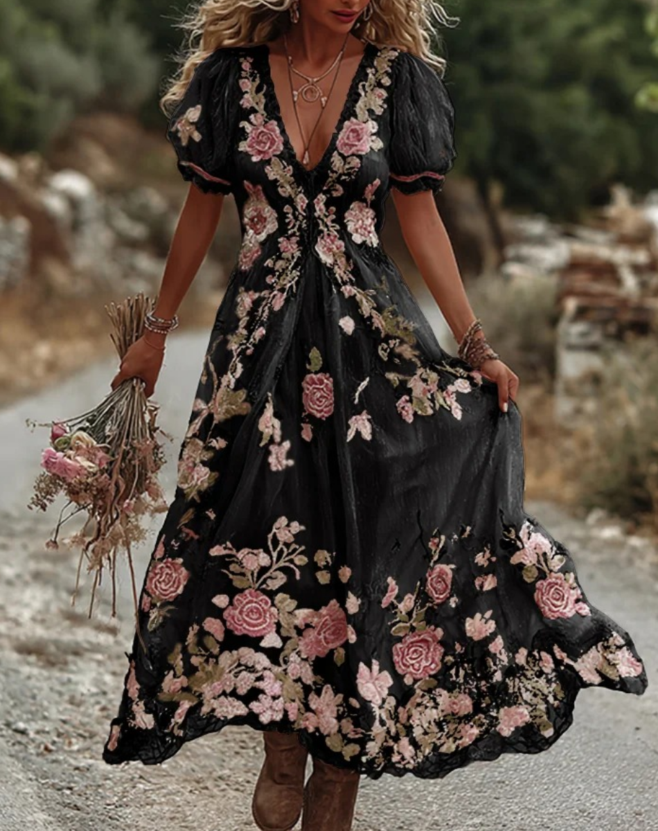 Vintage Floral Print Linen Maxi Dress