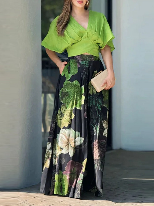 Ruched Short Sleeve Top And Floral Print Zipper Wide Leg Trousers Set