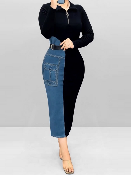 Patchwork Denim Contrast Midi Dress