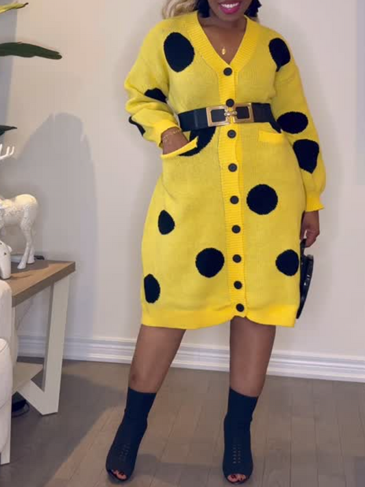 Polka Dots Button V-Neck Sweater Dress
