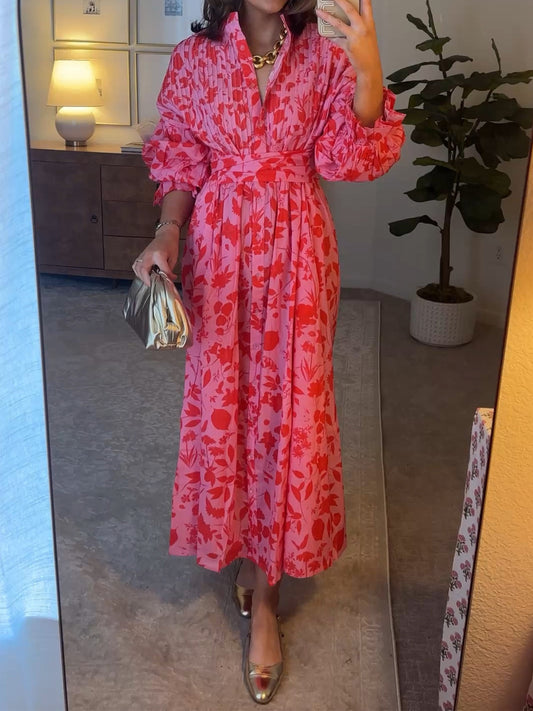 Printed Full Gathered Sleeve Maxi Dress