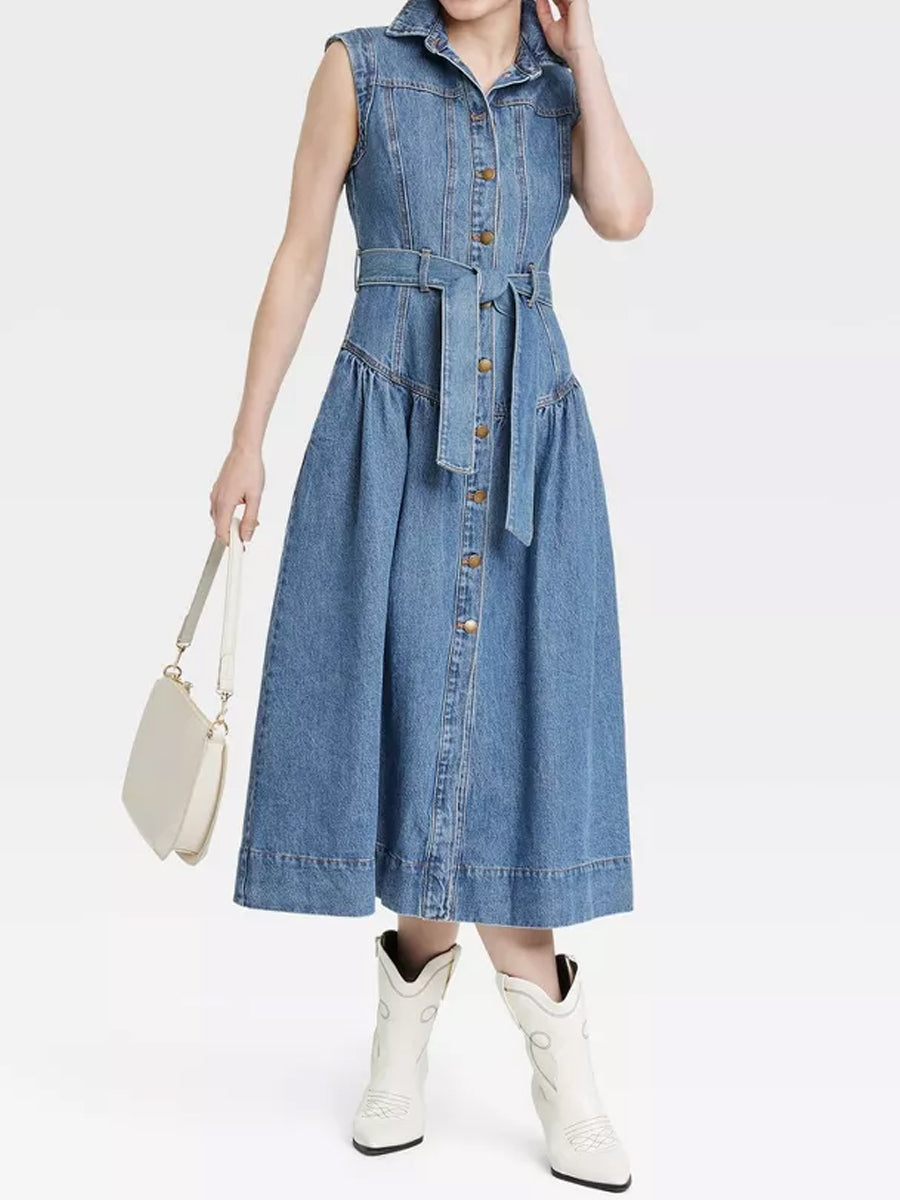 Sleeveless Tie-Waist A-Line Denim Midi Dress