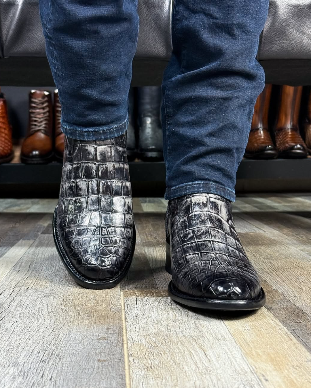 Rustic Grey Crocodile Print Cowboy Boots