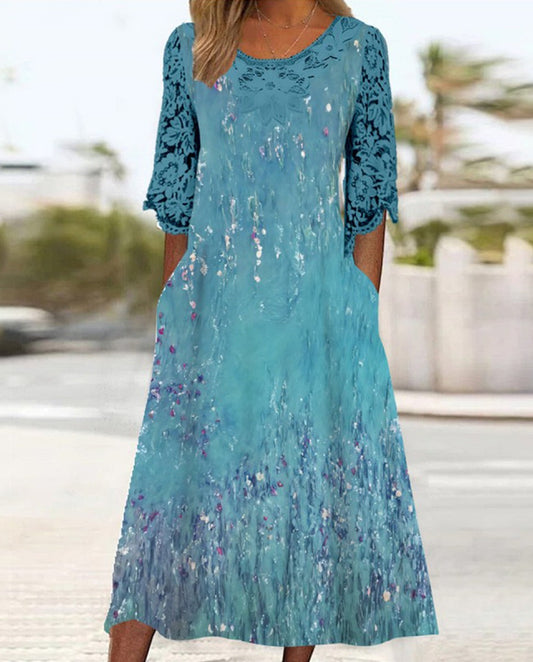 Stunning 3/4 Sleeve Side Pocket Blue Midi Dress