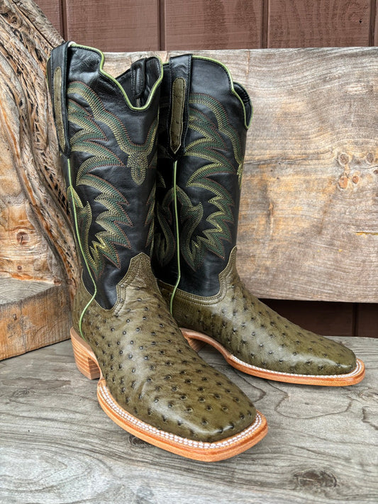 Green Ostrich Leather Print Cowboy Boots