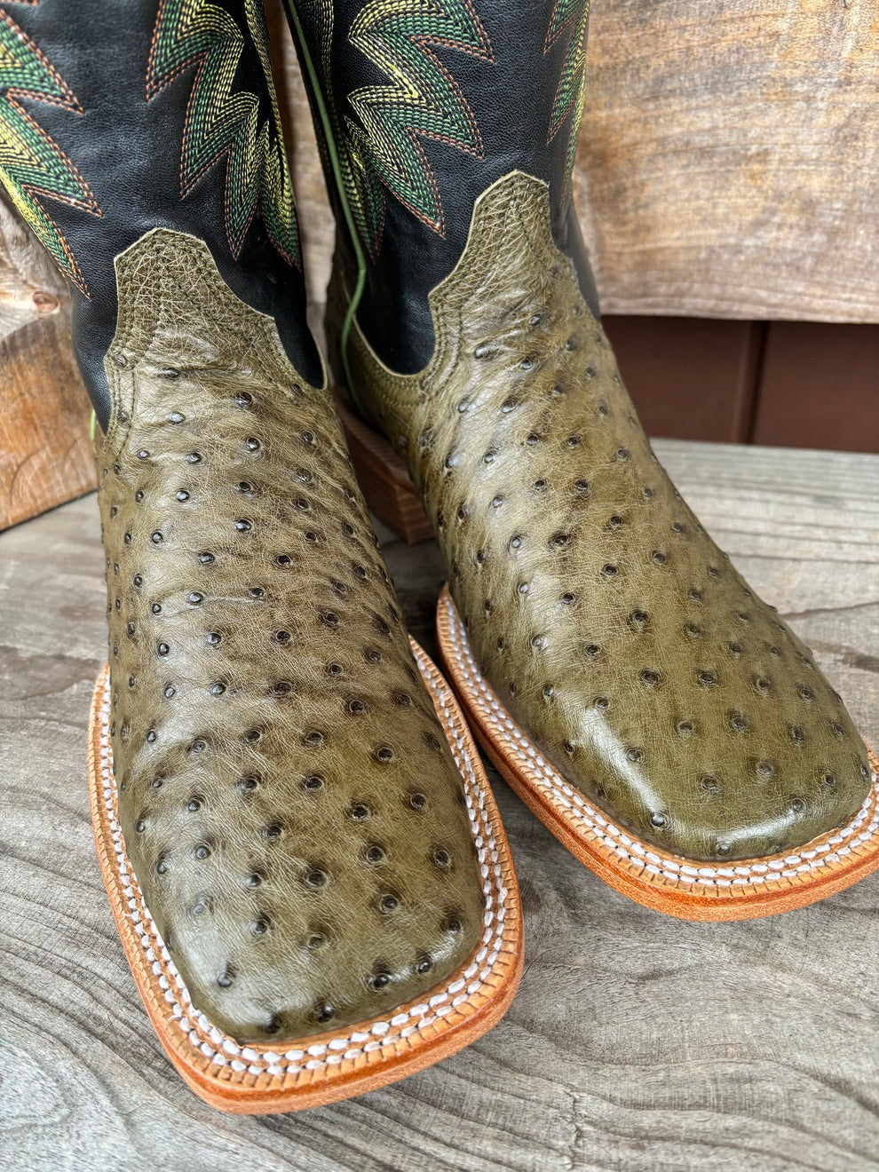 Green Ostrich Leather Print Cowboy Boots
