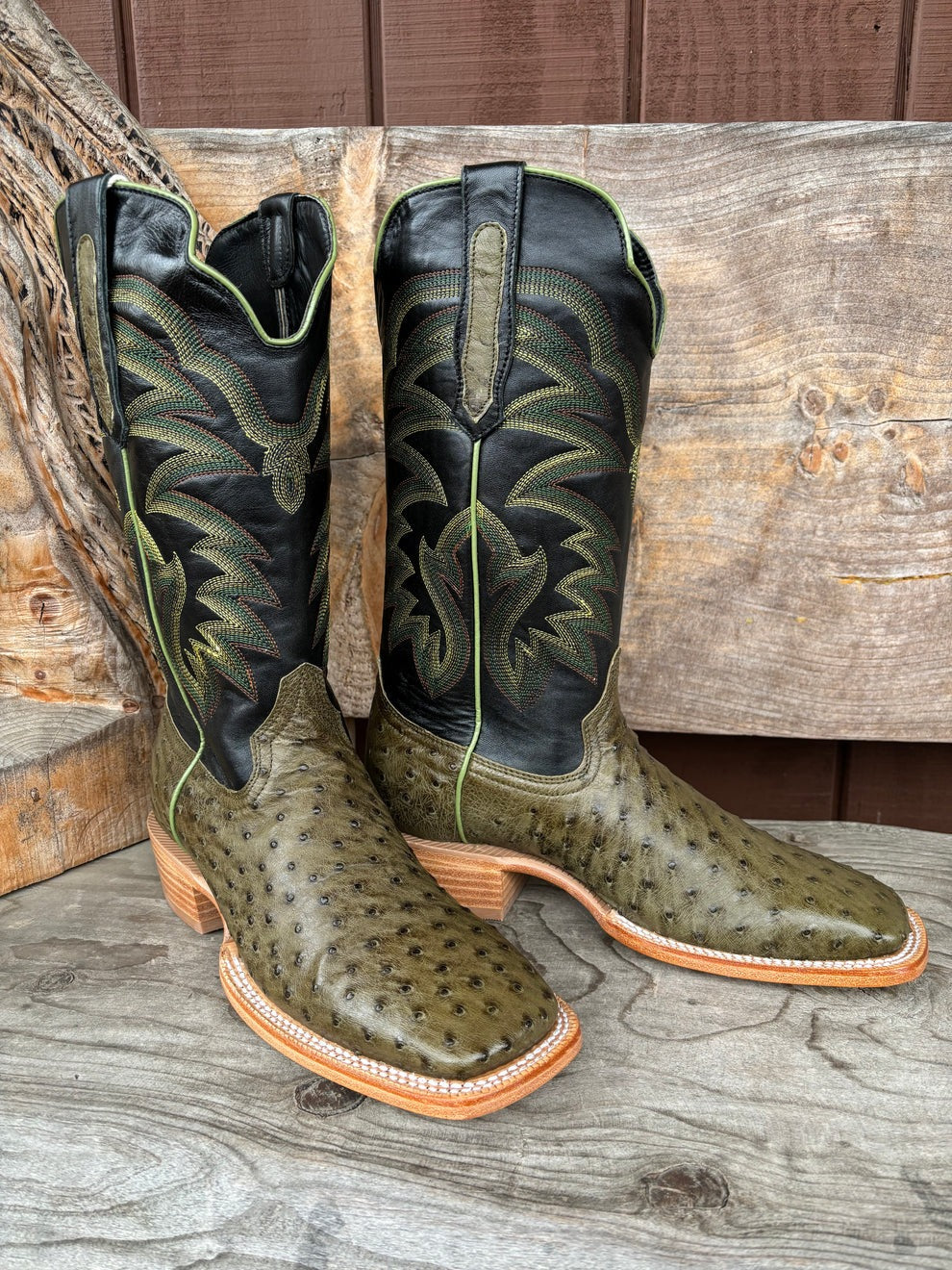 Green Ostrich Leather Print Cowboy Boots