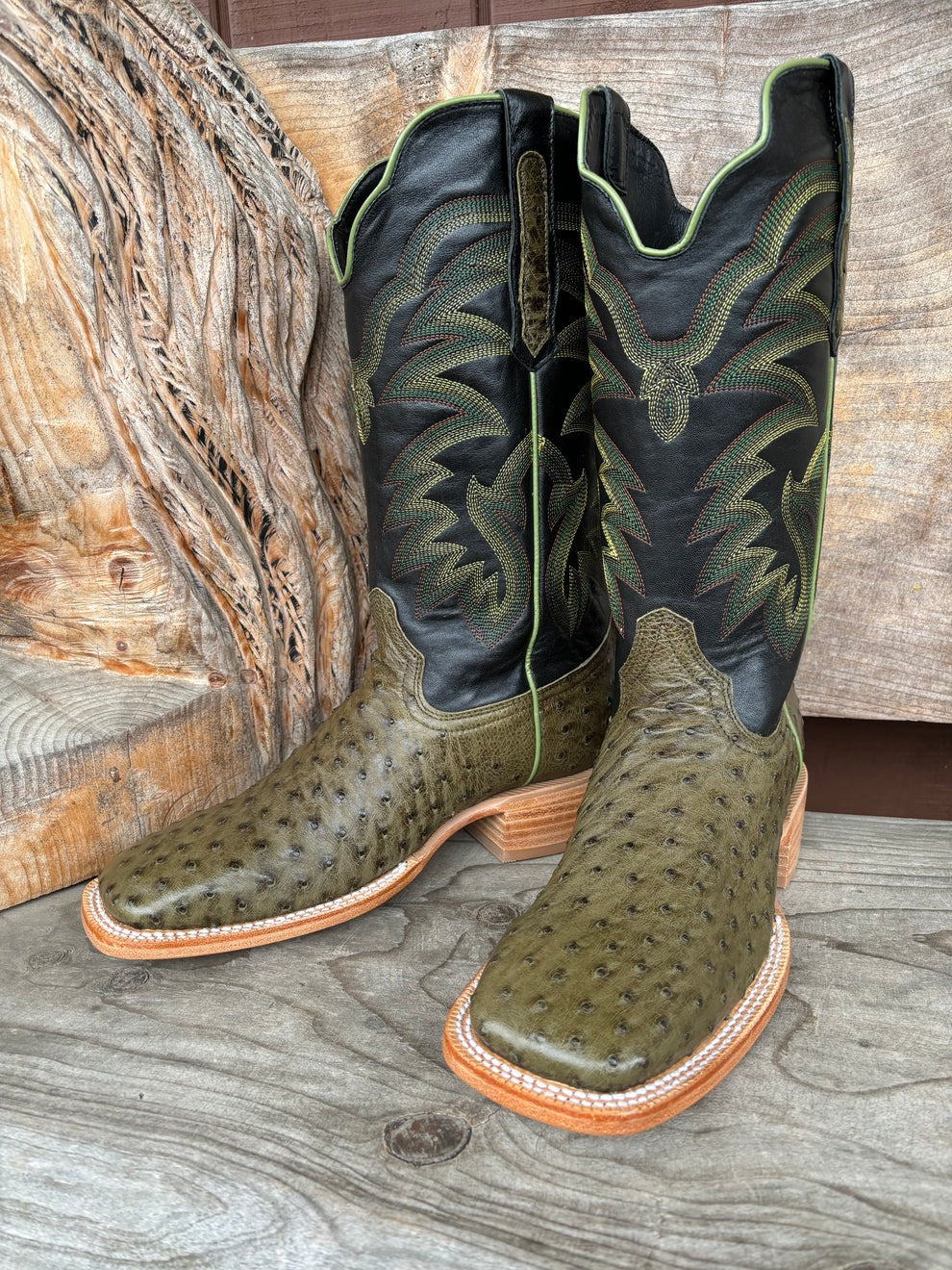 Green Ostrich Leather Print Cowboy Boots