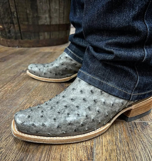 Gray Ostrich Leather Print Cowboy Boots