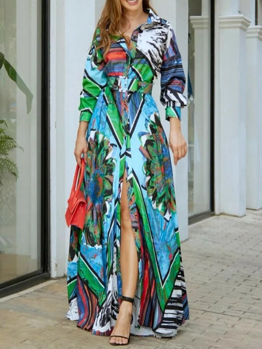 Loose A-line Abstract Print Shirt Collar Maxi Dress