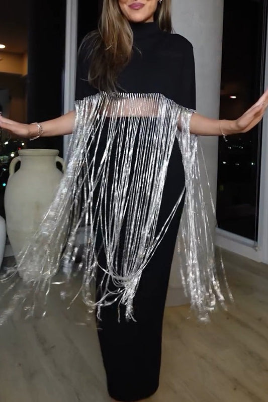 Shiny Tassel Stand Neck Crop Cape Blouse And Midi Skirt
