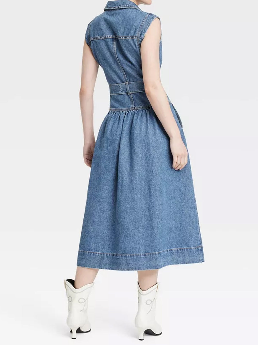 Sleeveless Tie-Waist A-Line Denim Midi Dress