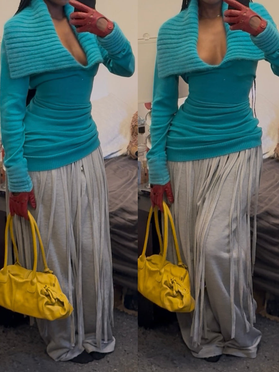 Deep V Neck Patchwork Knitted Sweater