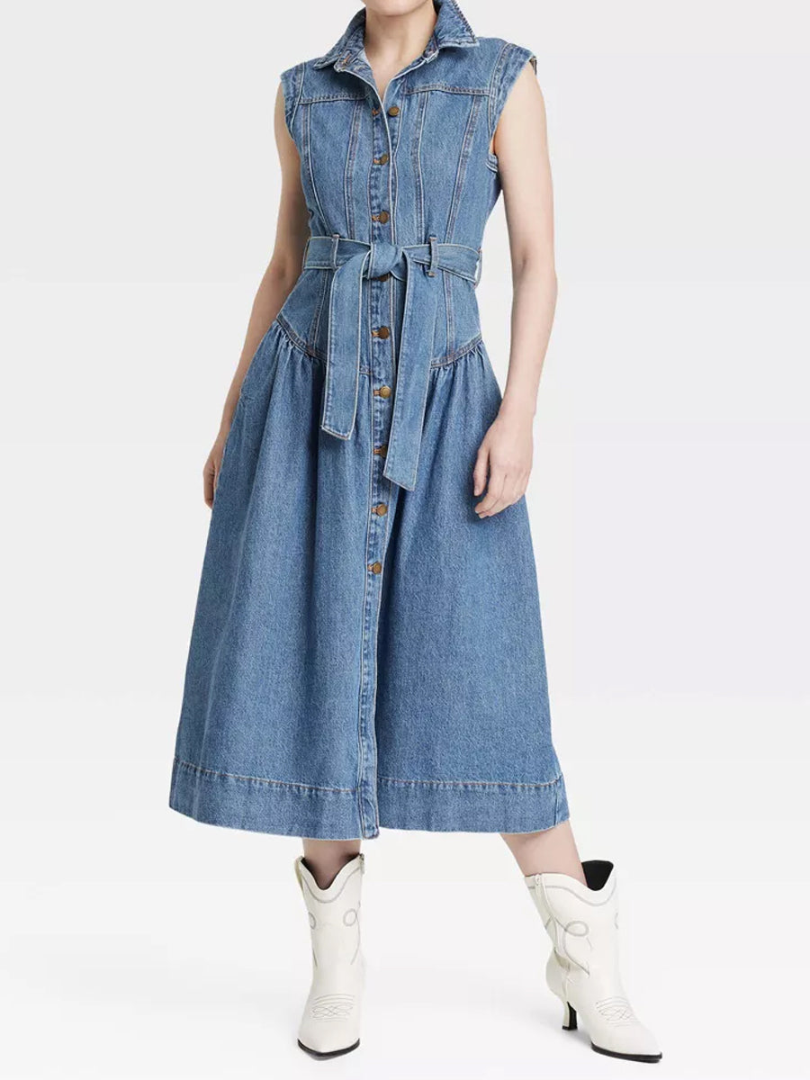 Sleeveless Tie-Waist A-Line Denim Midi Dress