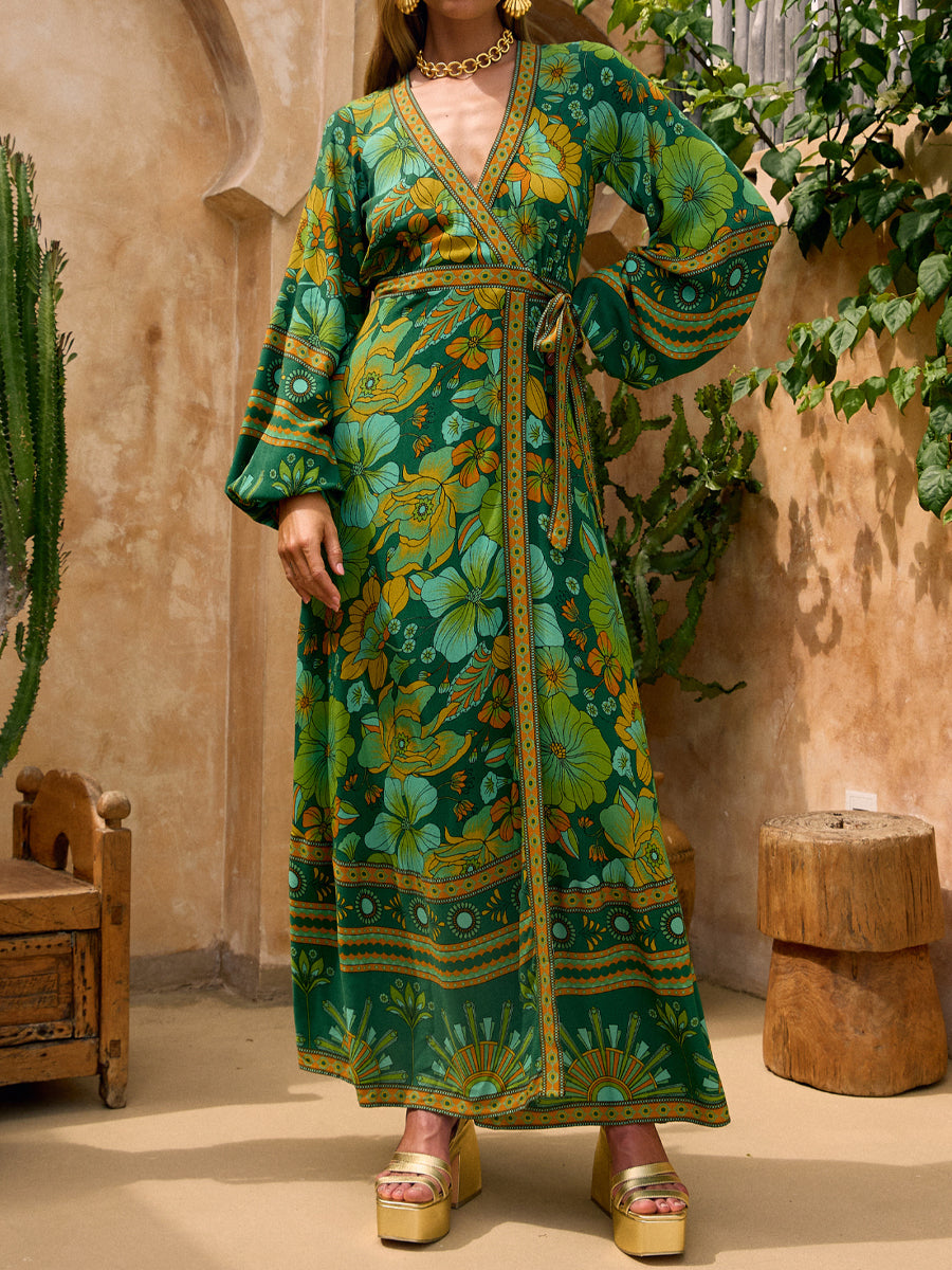 Unique Printed V-Neck Wrapped Maxi Dress
