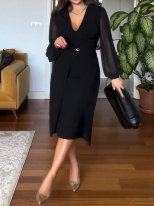 Elegant Black Waist Midi Dress