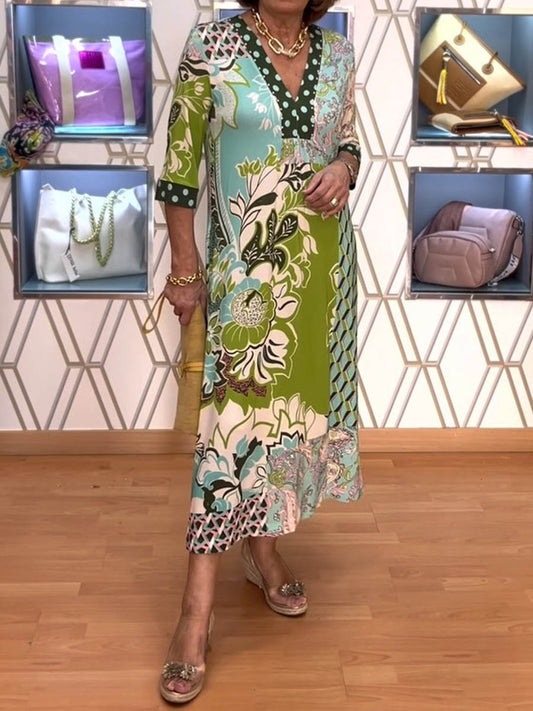 Fresh Printed 3/4 Sleeve V-Neck Dress