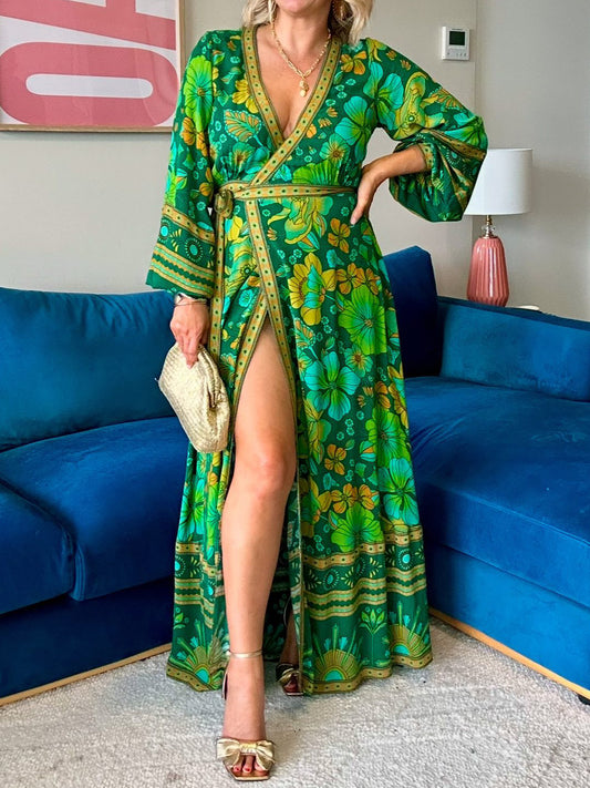 Unique Printed V-Neck Wrapped Maxi Dress