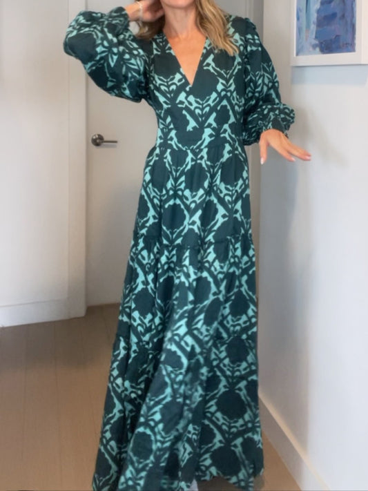 Floral Print V Neck Long Sleeve Dress