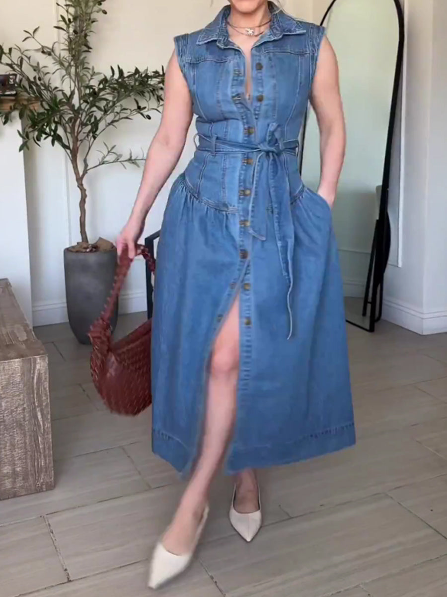 Sleeveless Tie-Waist A-Line Denim Midi Dress