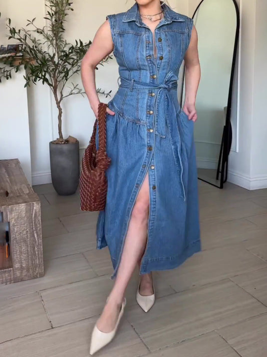 Sleeveless Tie-Waist A-Line Denim Midi Dress