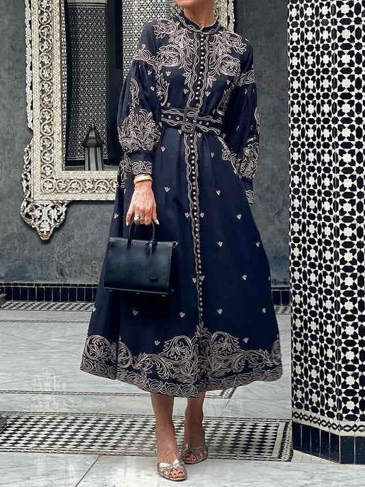 Elegant Embroidered Printed Long Sleeve Dress