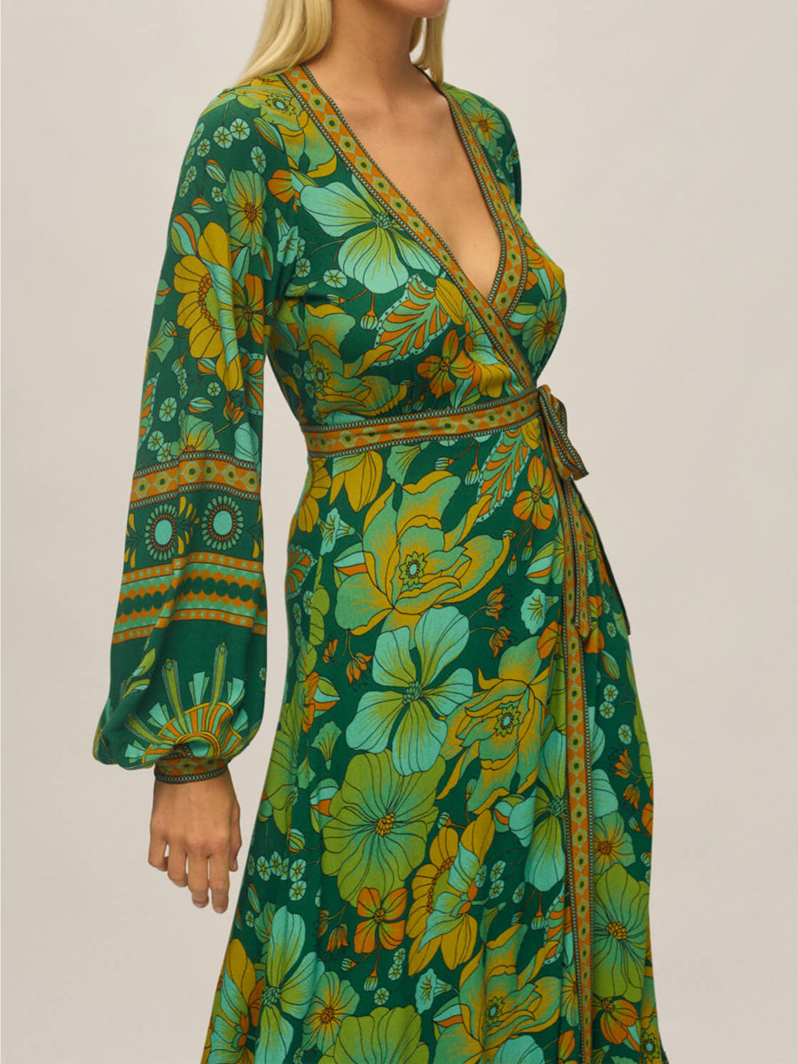 Unique Printed V-Neck Wrapped Maxi Dress