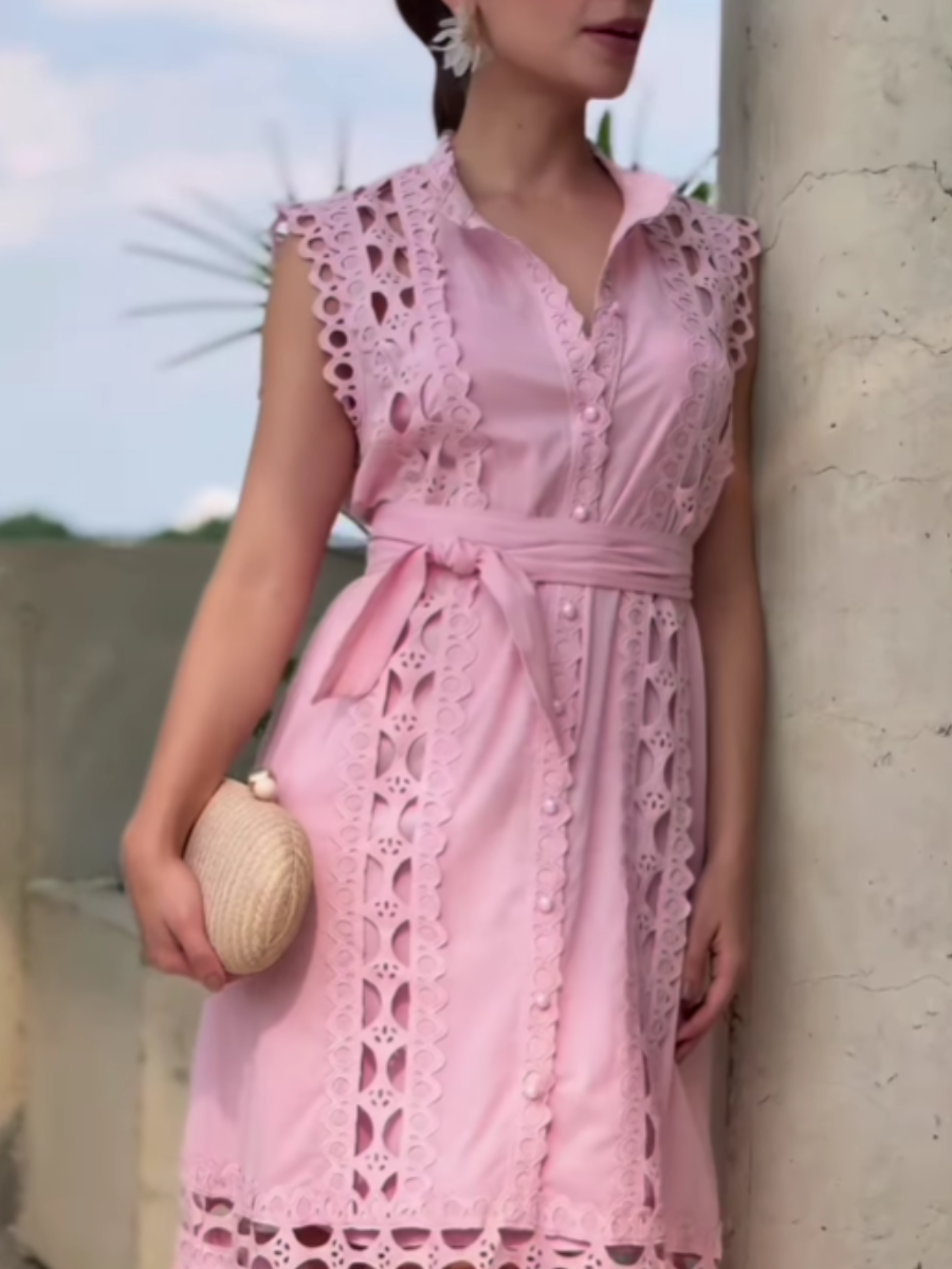Pink Elegant Lace Cut-out Midi Dress