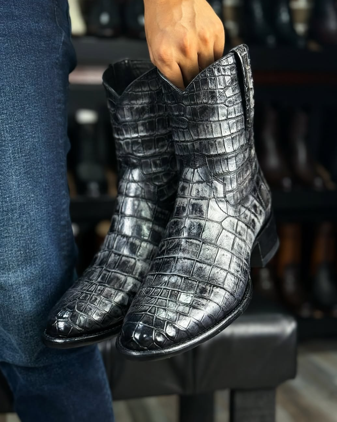 Rustic Grey Crocodile Print Cowboy Boots
