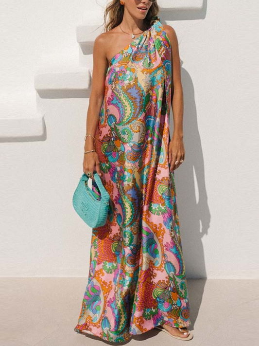 Rainbow Breeze Satin Unique Print Bow One Shoulder Maxi Dress