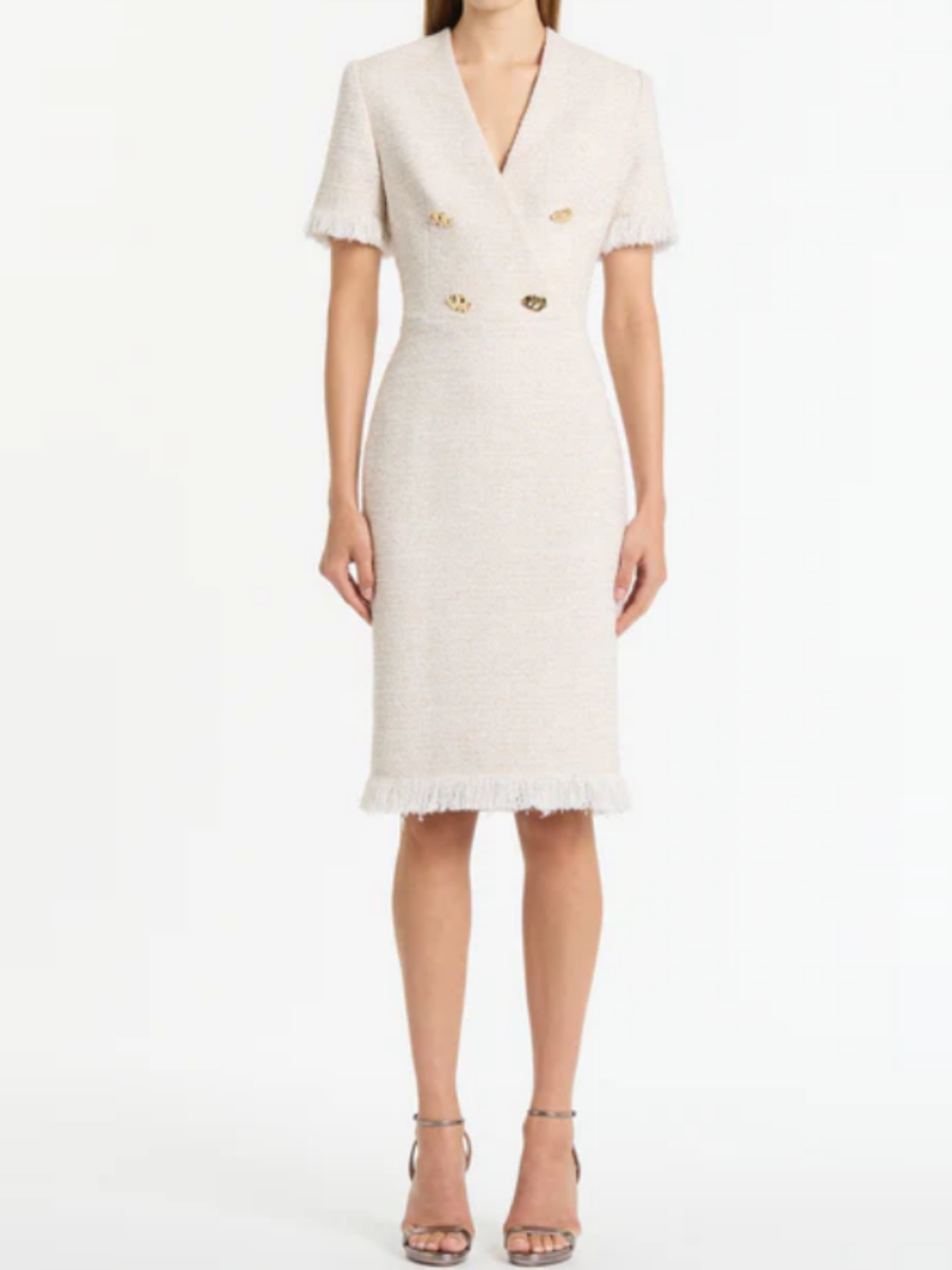 Ivory Elegant Fringe Tweed Dress