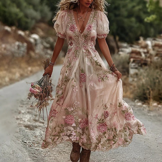 Vintage Floral Print Linen Maxi Dress
