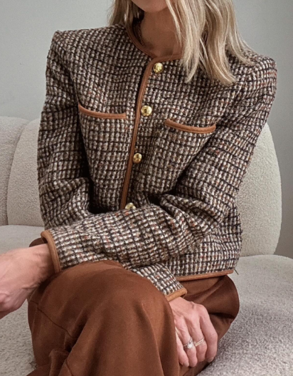 Brown Tweed Crew Neck Jacket