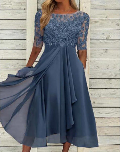 Elegant Lace Mid-sleeve Chiffon Dress