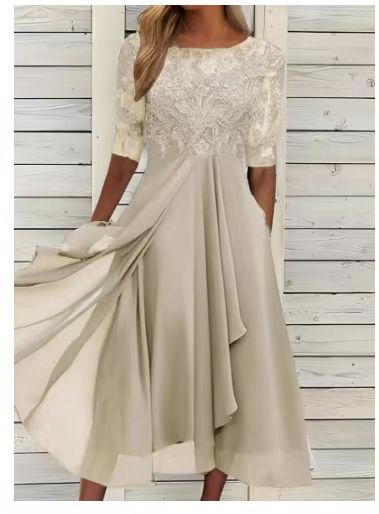 Elegant Lace Mid-sleeve Chiffon Dress