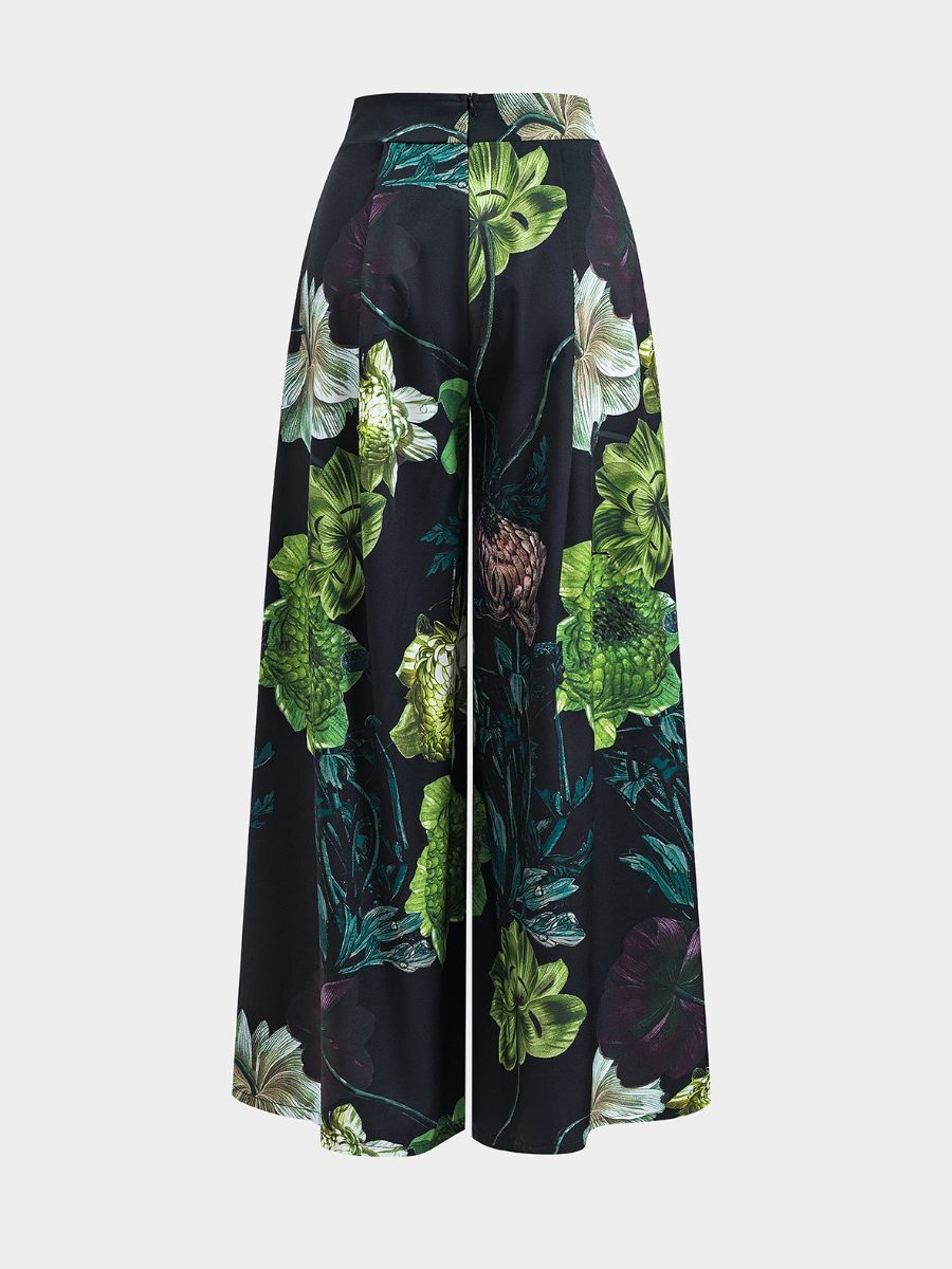 Ruched Short Sleeve Top And Floral Print Zipper Wide Leg Trousers Set