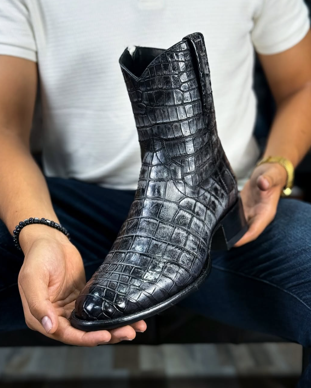 Rustic Grey Crocodile Print Cowboy Boots