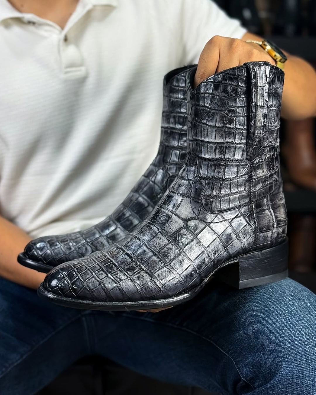 Rustic Grey Crocodile Print Cowboy Boots