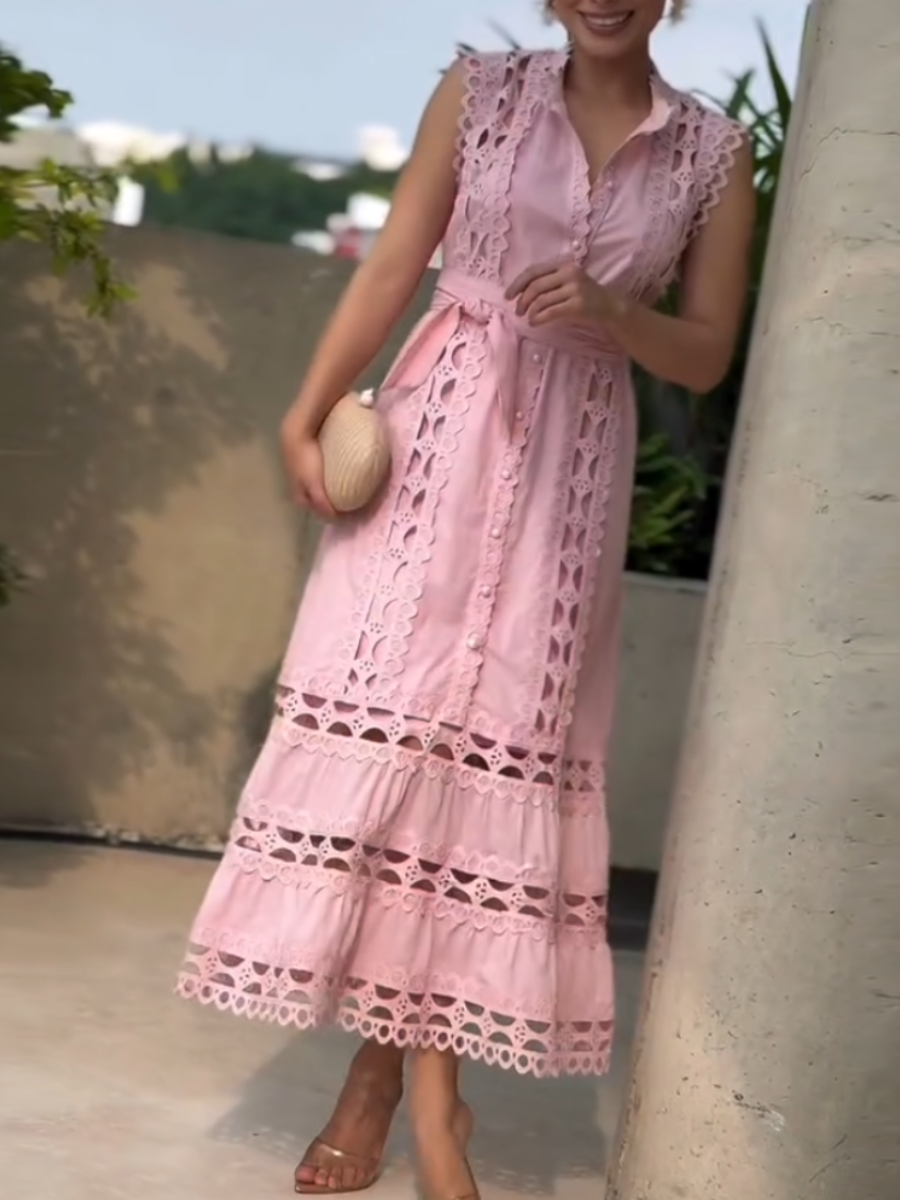 Pink Elegant Lace Cut-out Midi Dress