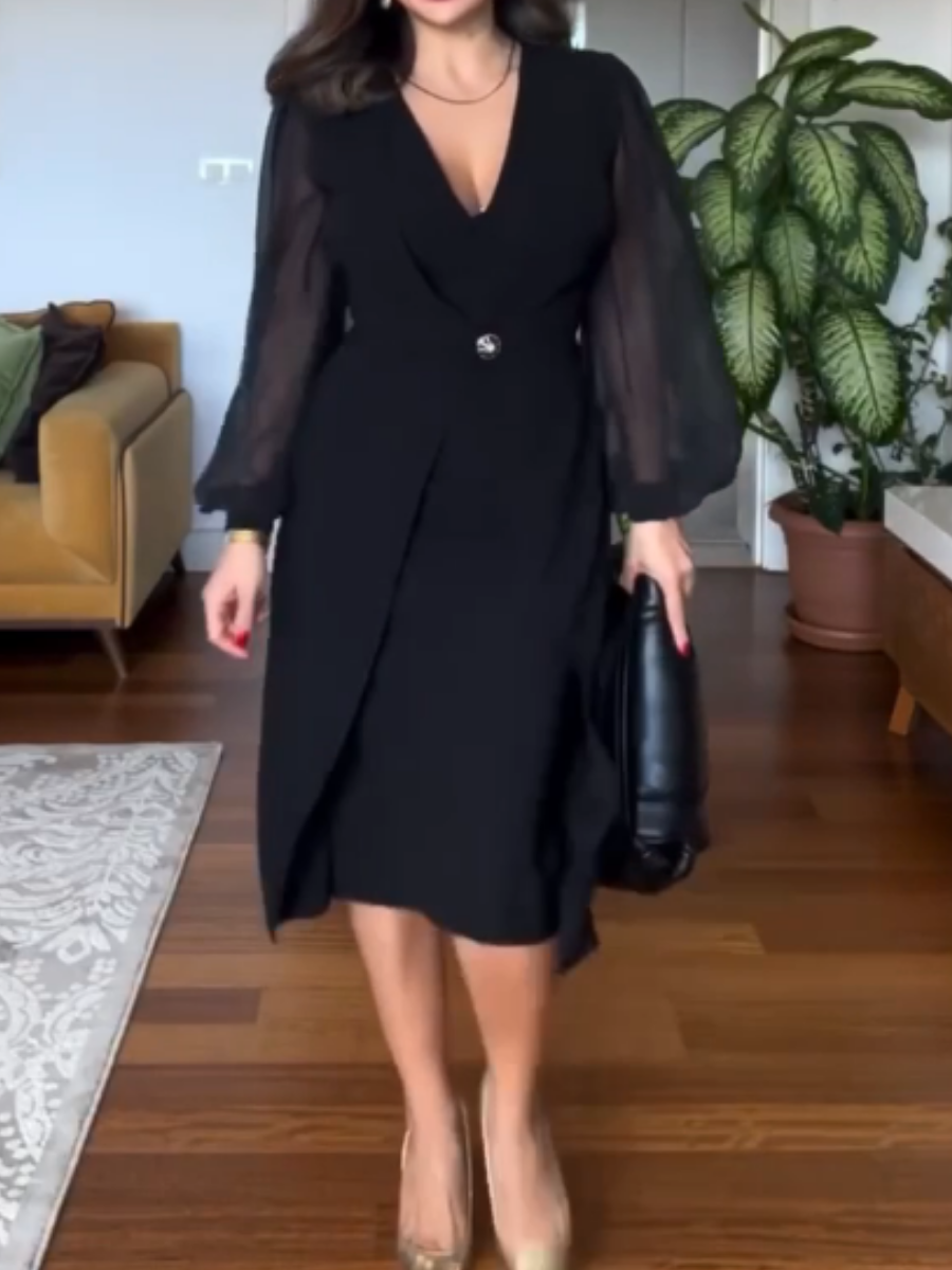 Elegant Black Waist Midi Dress