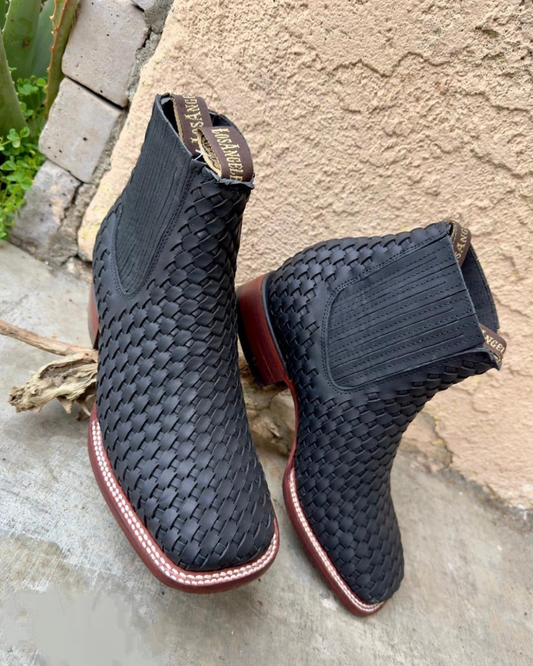 Handmade Black Woven Leather Boots