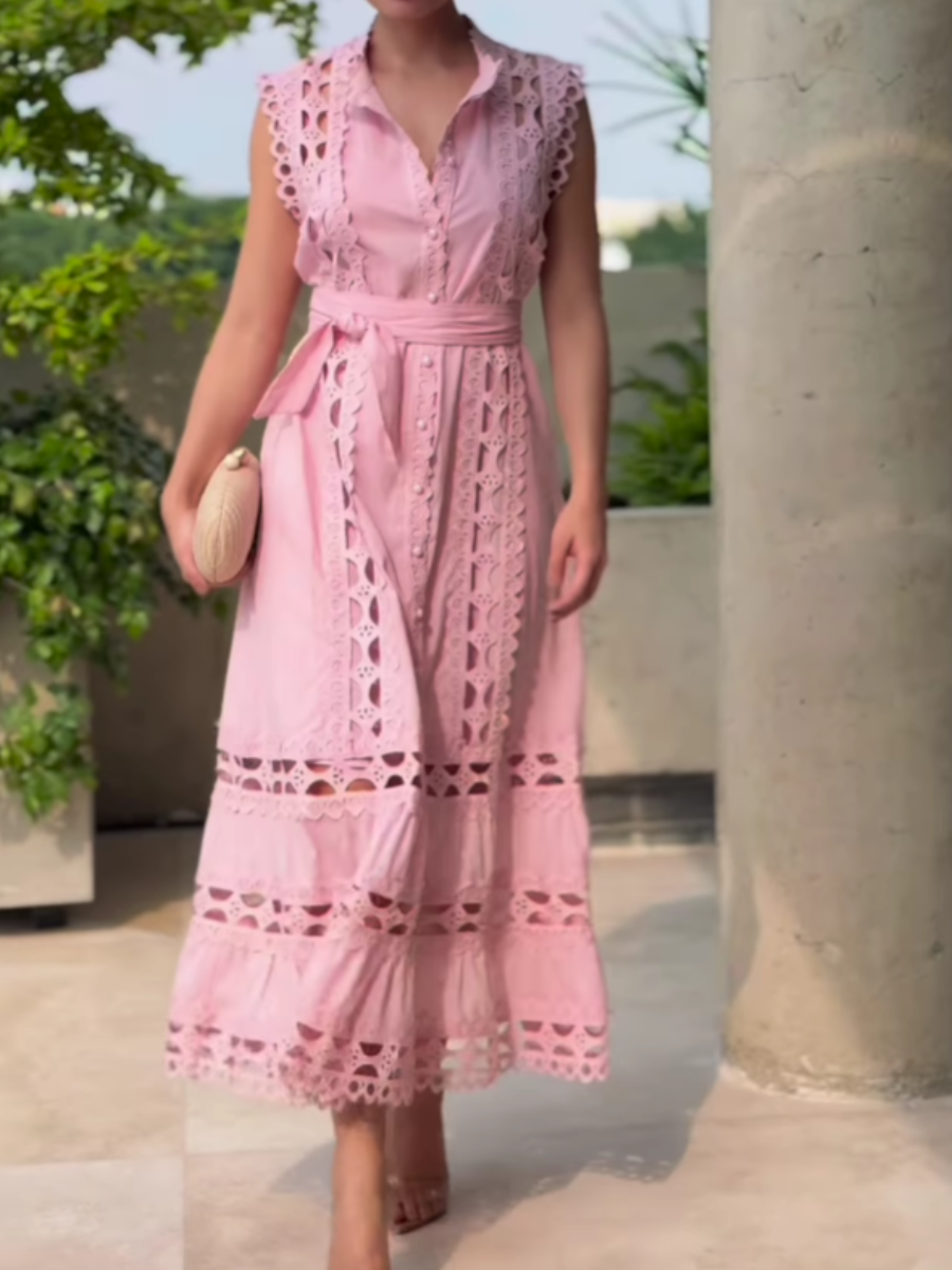 Pink Elegant Lace Cut-out Midi Dress