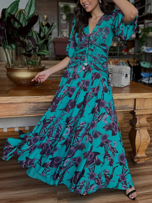 Elegant Floral Print V-Neck Maxi Dress